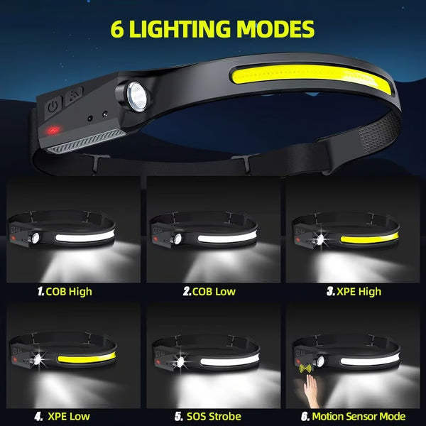 Sensor Headlamp LED, Rechargeable Head Flashlight with 3 Lighting Modes for Fishing, Camping & Outdoor Adventures